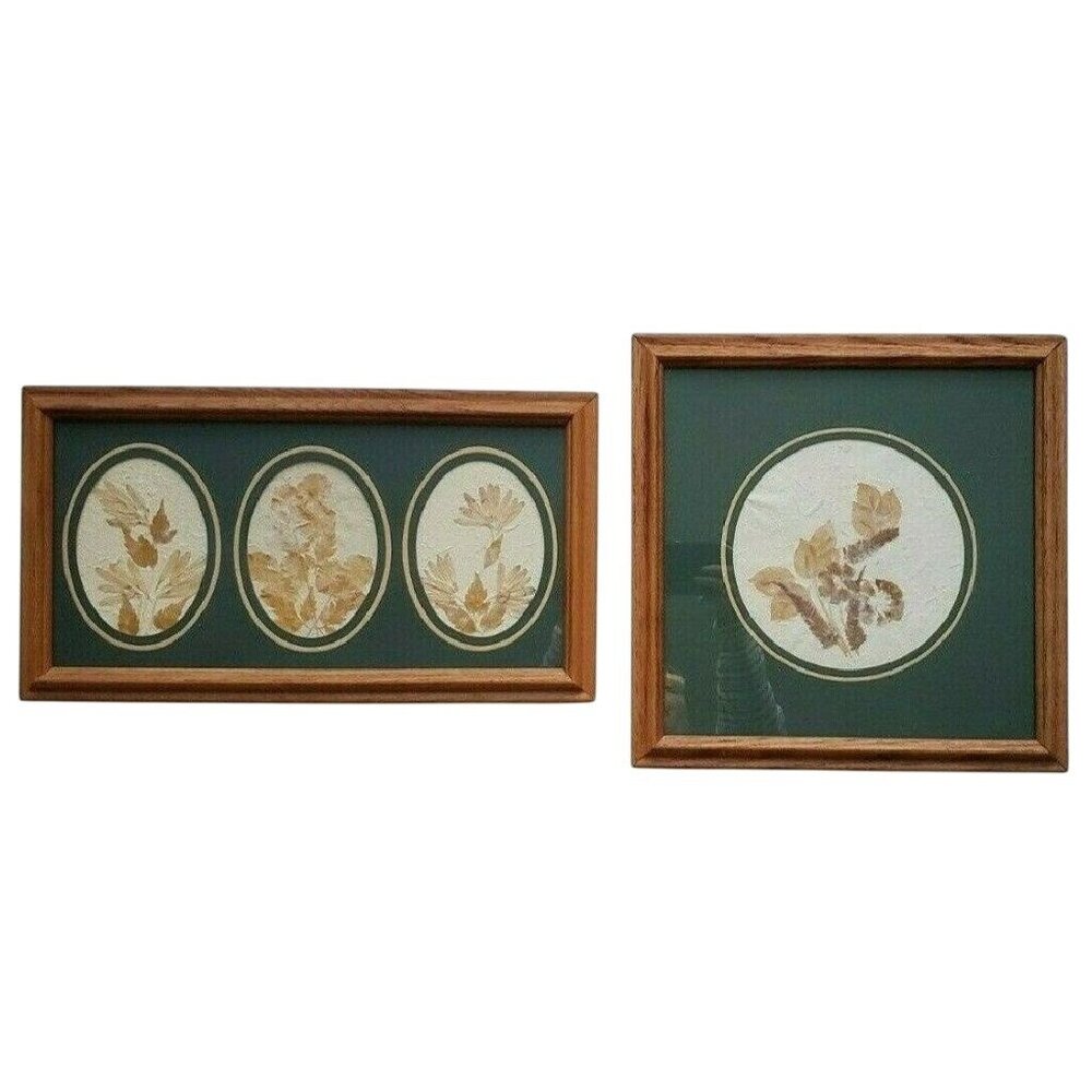 Pair Vtg Oak Framed‎ Pressed Dried Flower Art / Mid Century Botanical Wall Decor